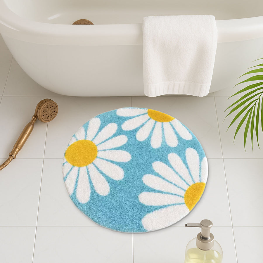 Feblilac Round Daisy Bath Mat – Blue Floral Tufted Rug - view 4