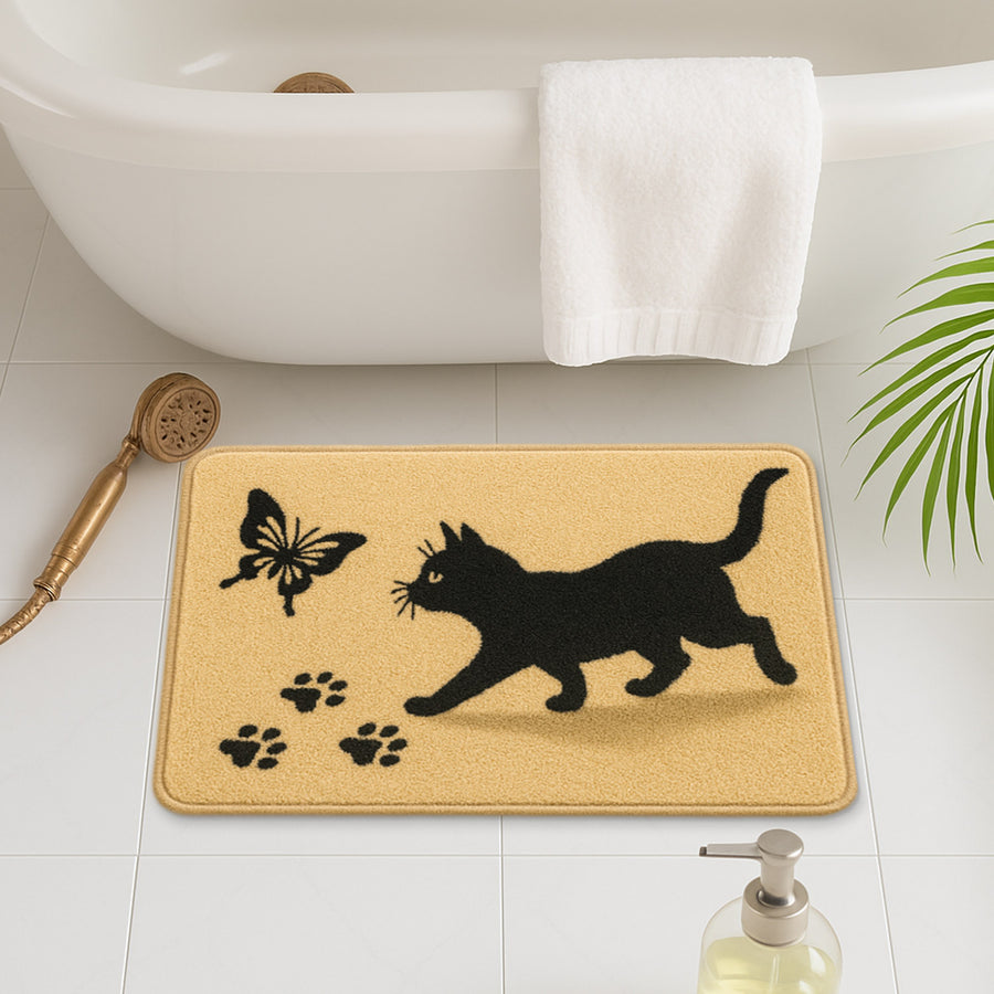 Feblilac Black Cat & Butterfly Tufted Bath Mat