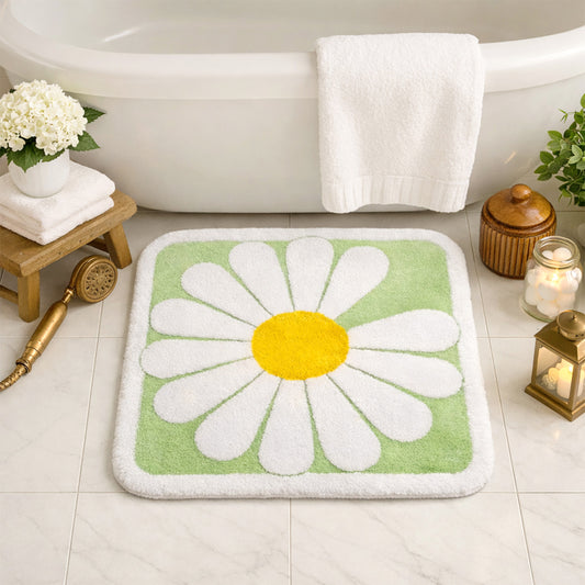 Feblilac Square Daisy Flower Tufted Bath Mat, Green