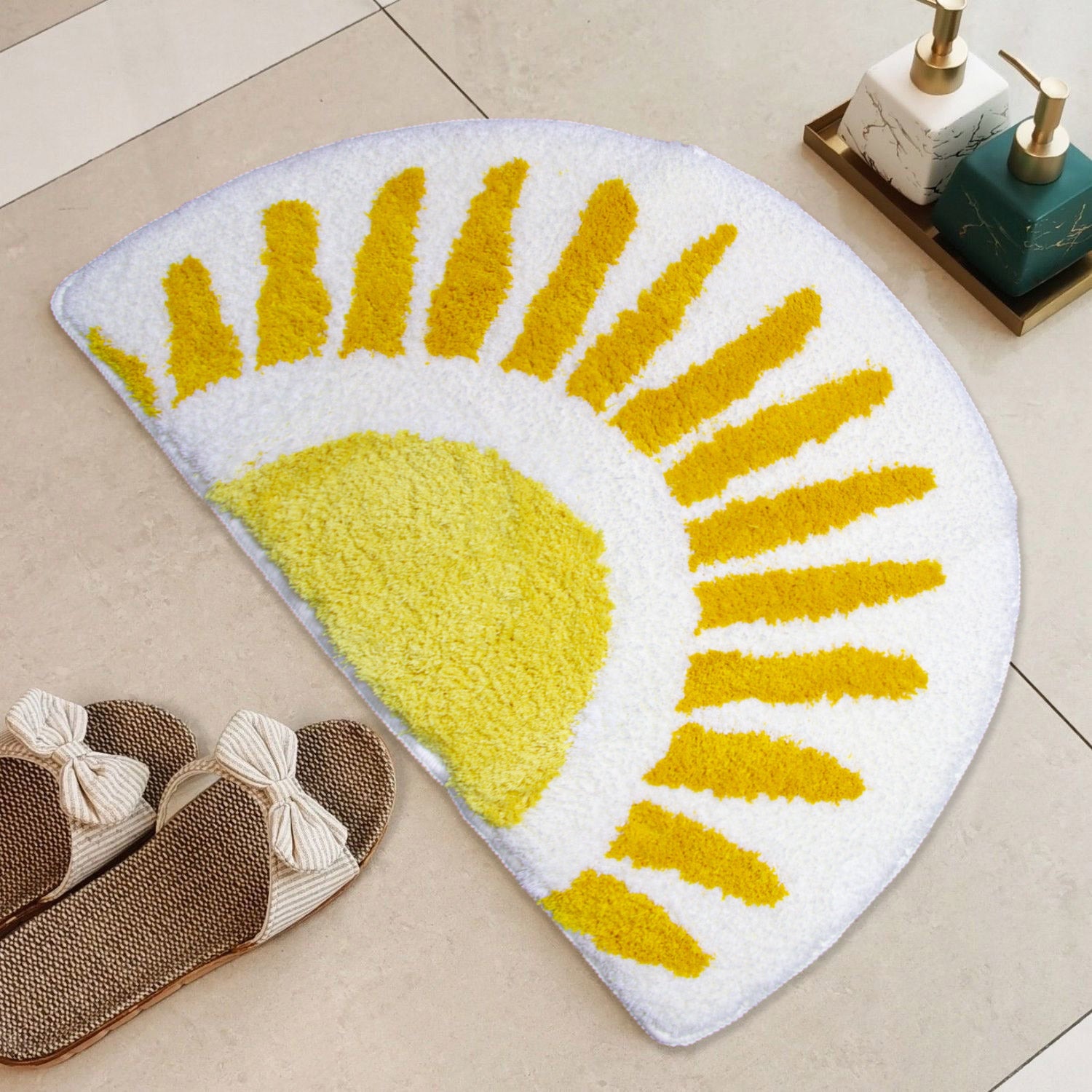 Feblilac U-Shape Sunshine Toilet Mat,  Semicircle Sun Bath Mat, Yellow Soft Bathroom Rug