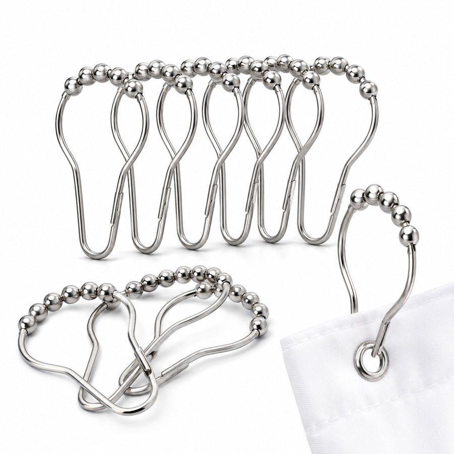 Feblilac Shower Curtain Metal Hooks, Rust-Resistant Rolling Ball Shower Curtain Rings, Set of 12 - view 3