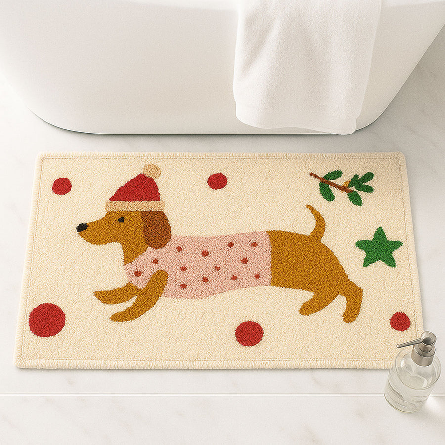 Feblilac Christmas Dachshund Bath Mat – Cute Holiday Dog Rug for Bathroom Decor