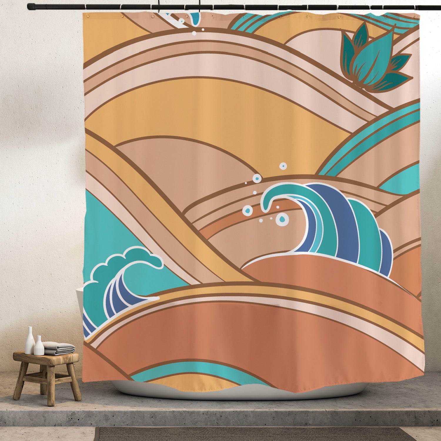 Feblilac Yellow and Blue Japanese Waves Shower Curtain with Hooks