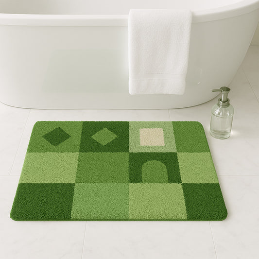 Feblilac Green Geometric Grid Tufted Bath Mat