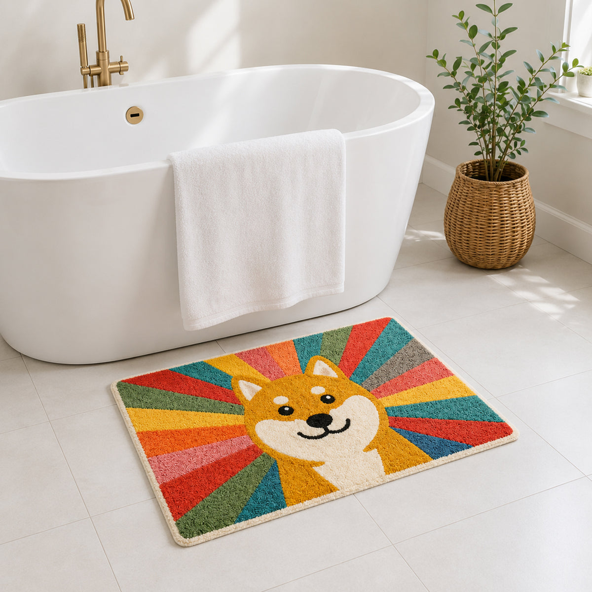 Feblilac Rainbow Shiba Inu tufted bath mat in a bright bathroom beside the bathtub