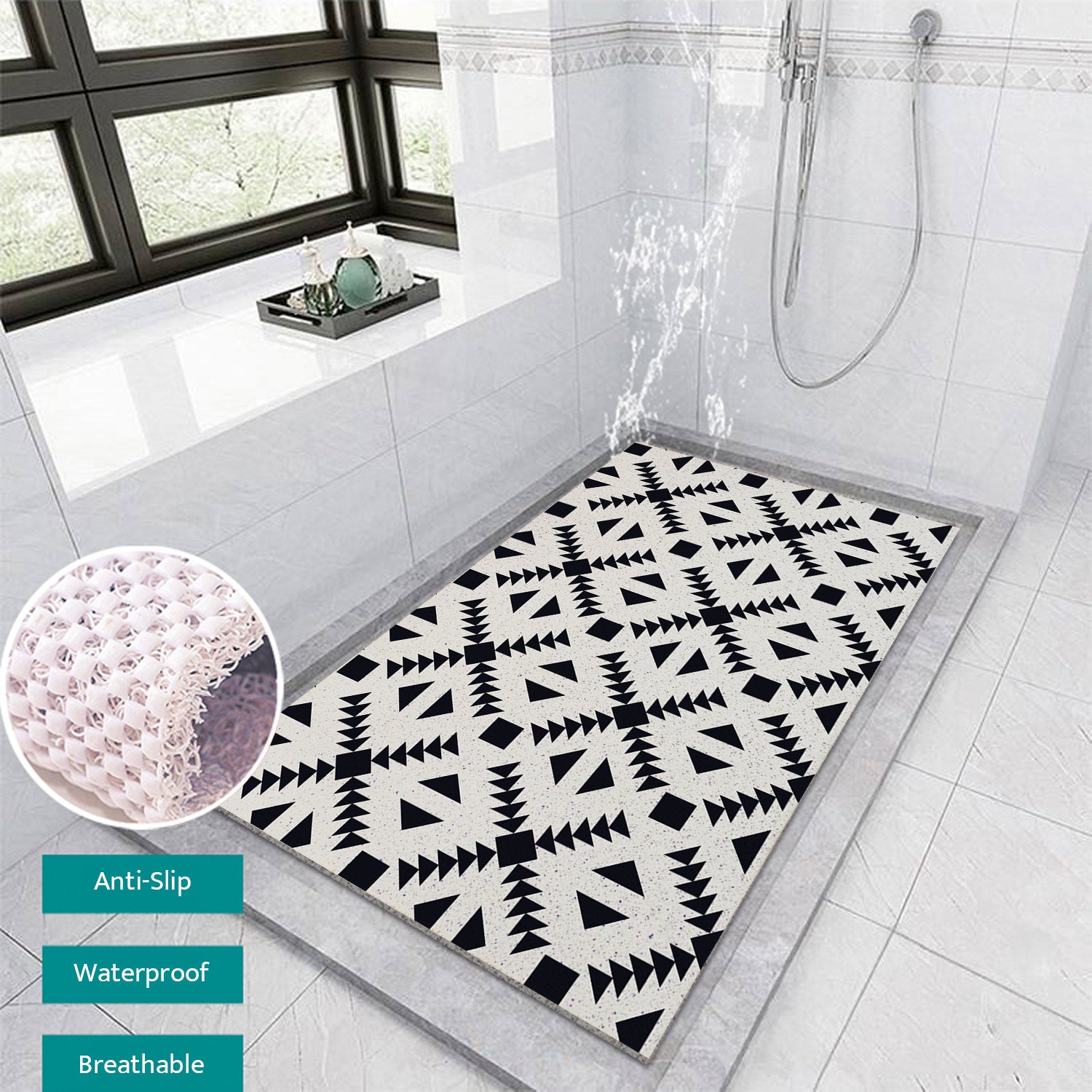Feblilac Black and White PVC Coil Bathtub Mat, Diamond Pattern Shower Mat, Anti-Slip Mat for Bath Tub