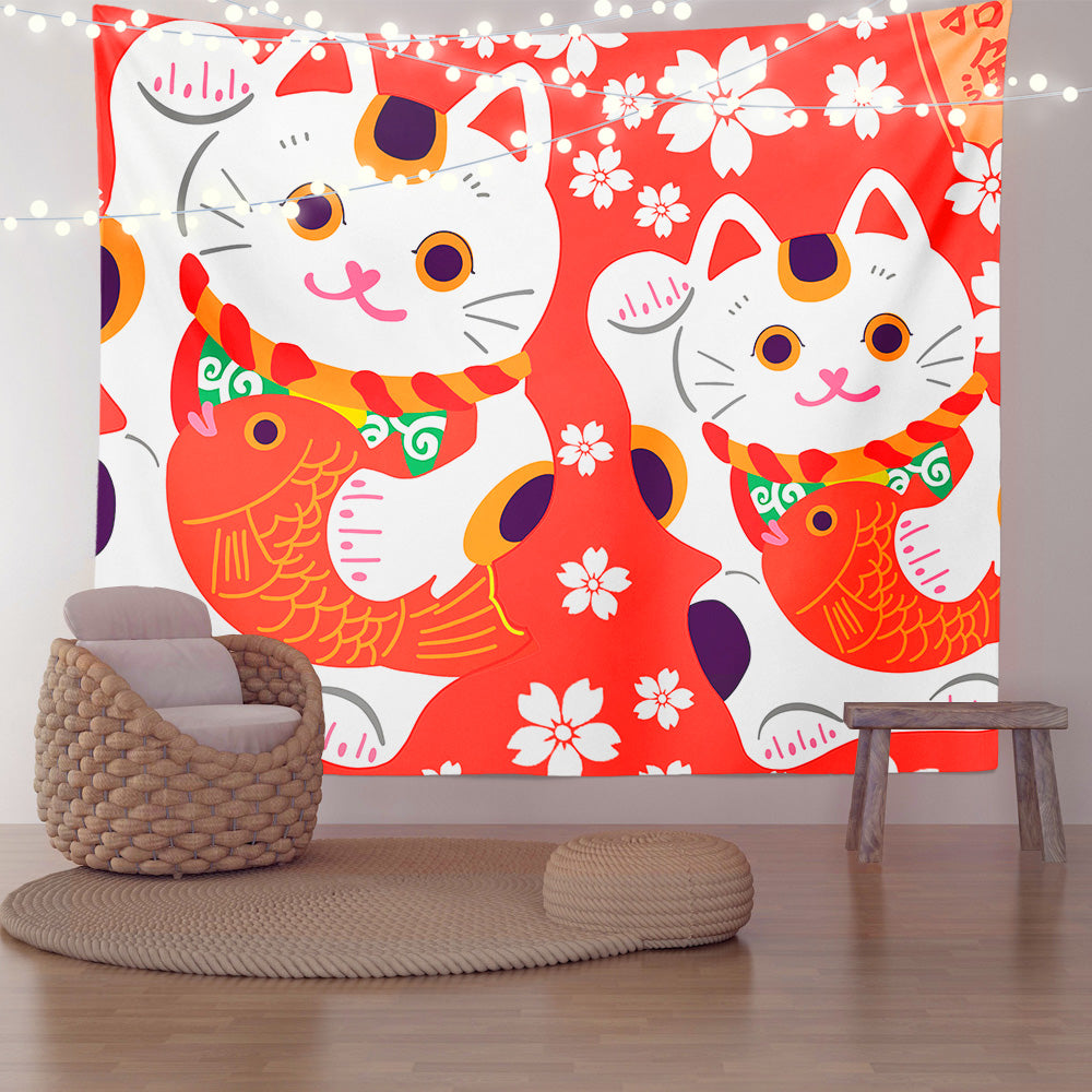 Feblilac Red Background White Sakura Lucky Cat Tapestry