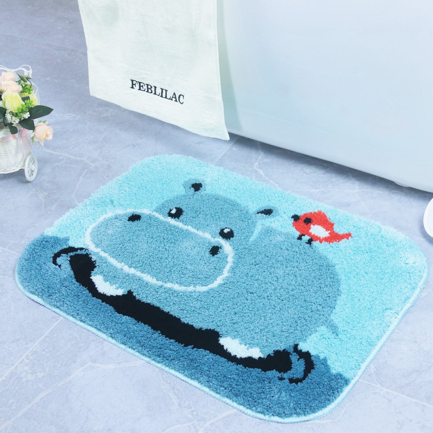 Feblilac Hippo and Bird in Water Tufted Bath Mat