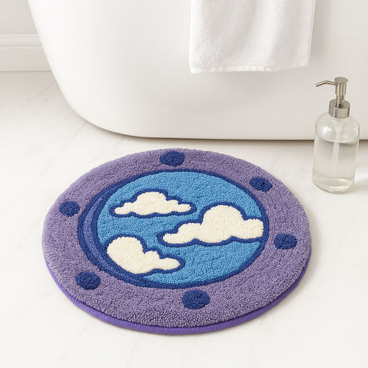 Round Tufted Cloud Bath Mat – Soft Purple & Blue Porthole Design