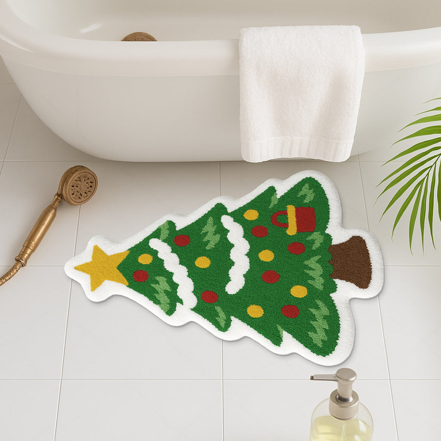 Feblilac Christmas Tree Tufted Bath Mat – Holiday Shaped Rug with Star & Ornaments, Festive Bathroom Decor - view 3