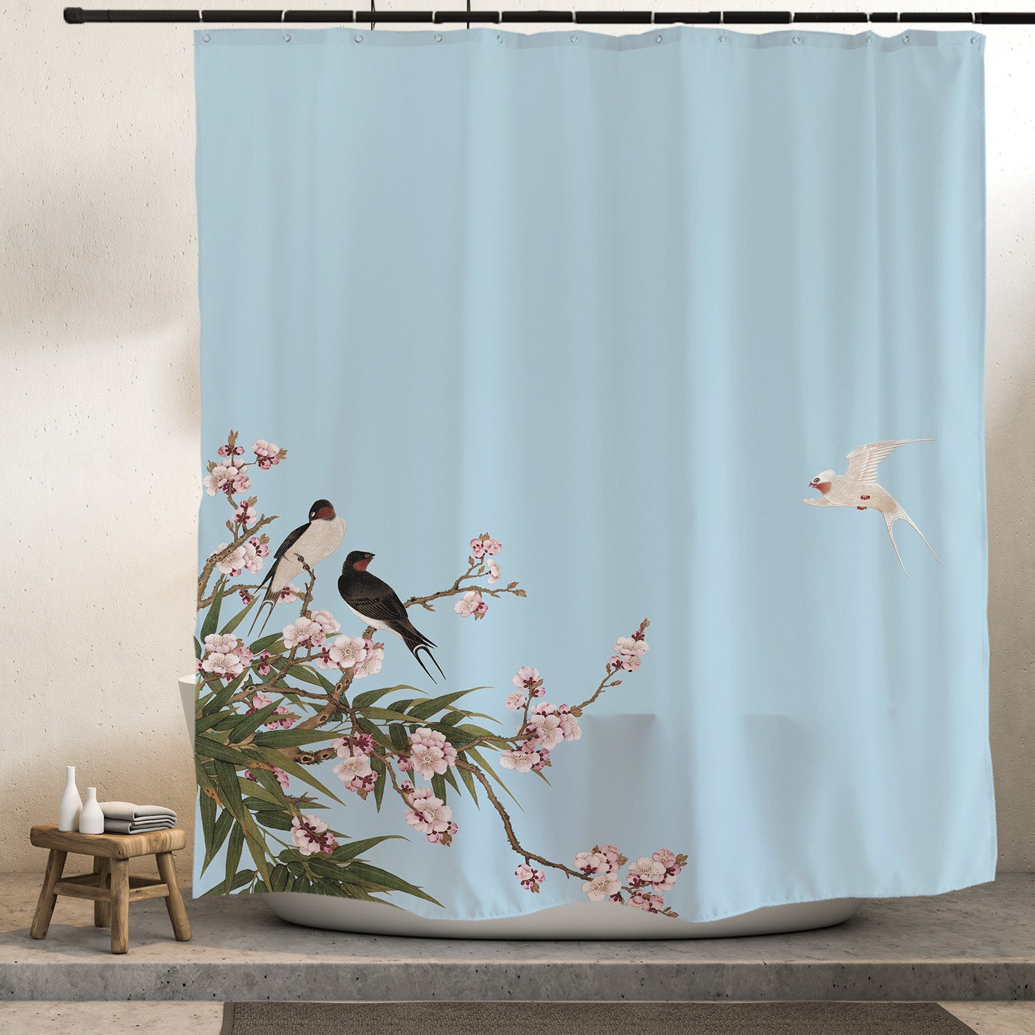 Feblilac Blue Bird Flower Shower Curtain with Hooks