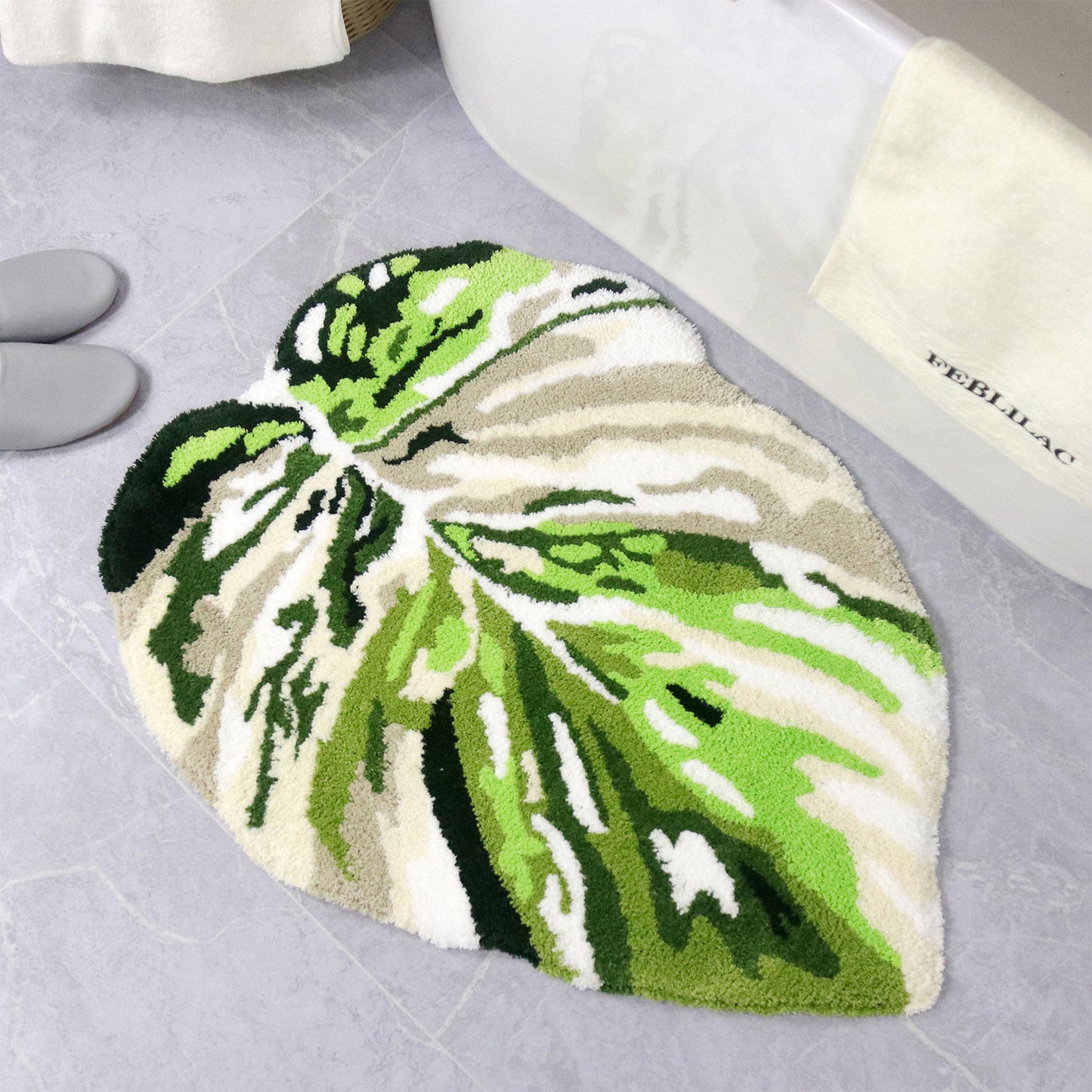 Feblilac Irregular Turquoise Monstera Tufted Bath Mat