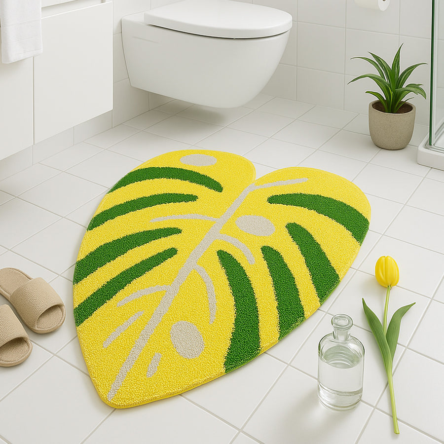 Feblilac Soft Yellow and Green Leaves Bathroom Rug, Heart-Shape Mat, Gift Idea