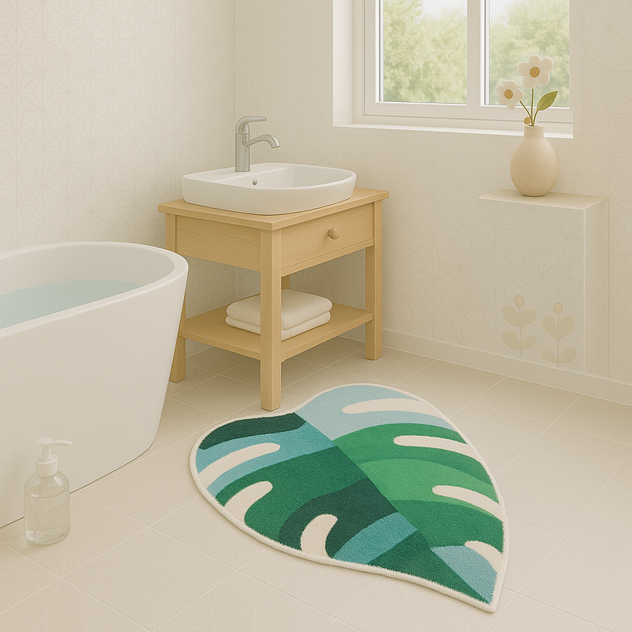 Feblilac Green Leaves with Pink Heart tufted bath mat in front of a bathroom vanity with fresh towels