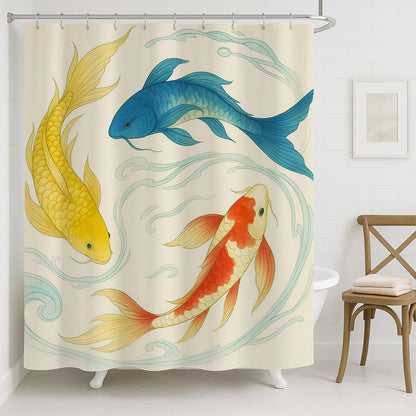 Feblilac Gongbi Goldfish shower curtain in a bright bathroom beside the bathtub