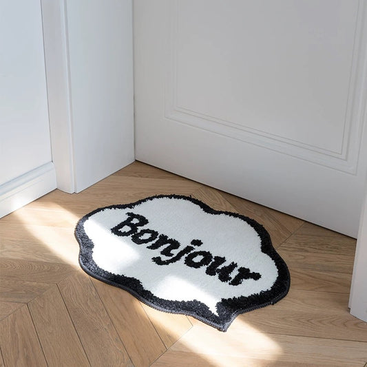 Feblilac Black and White Bonjour Bath Mat, Hello Bathroom Rug