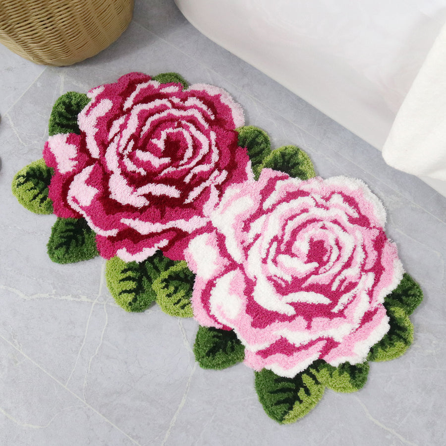 Feblilac Two Flowers tufted bath mat in a bright bathroom beside the bathtub