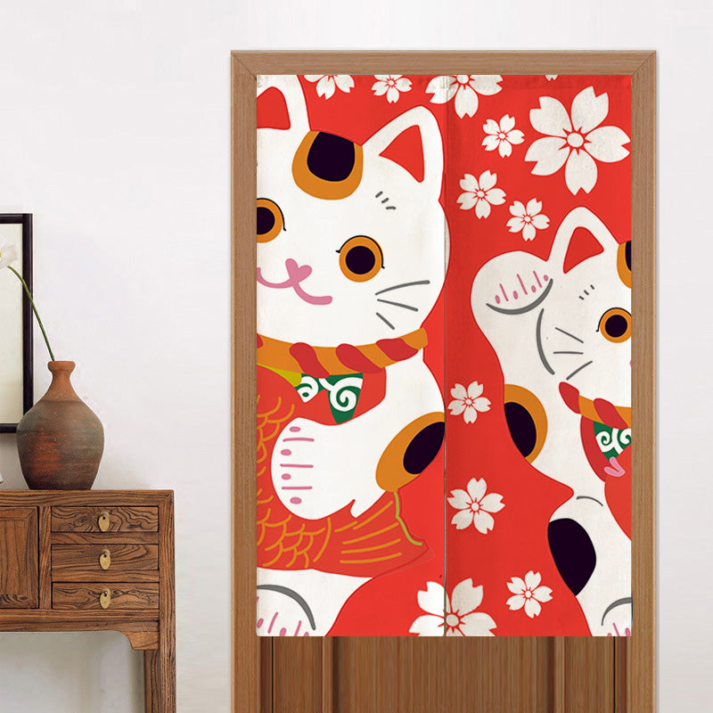 Feblilac Red Background White Sakura Lucky Cat Door Curtain