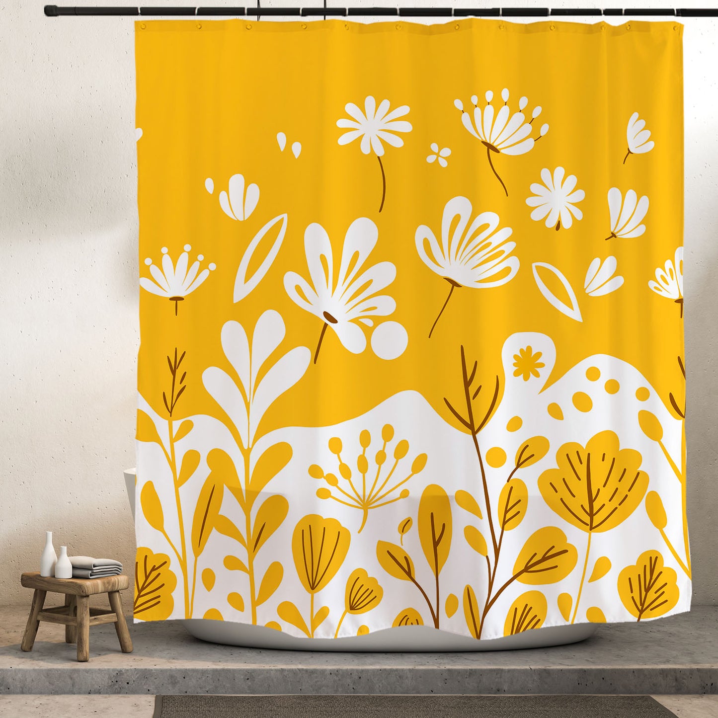 Feblilac Yellow Dandelion Curved Branches Shower Curtain with Hooks