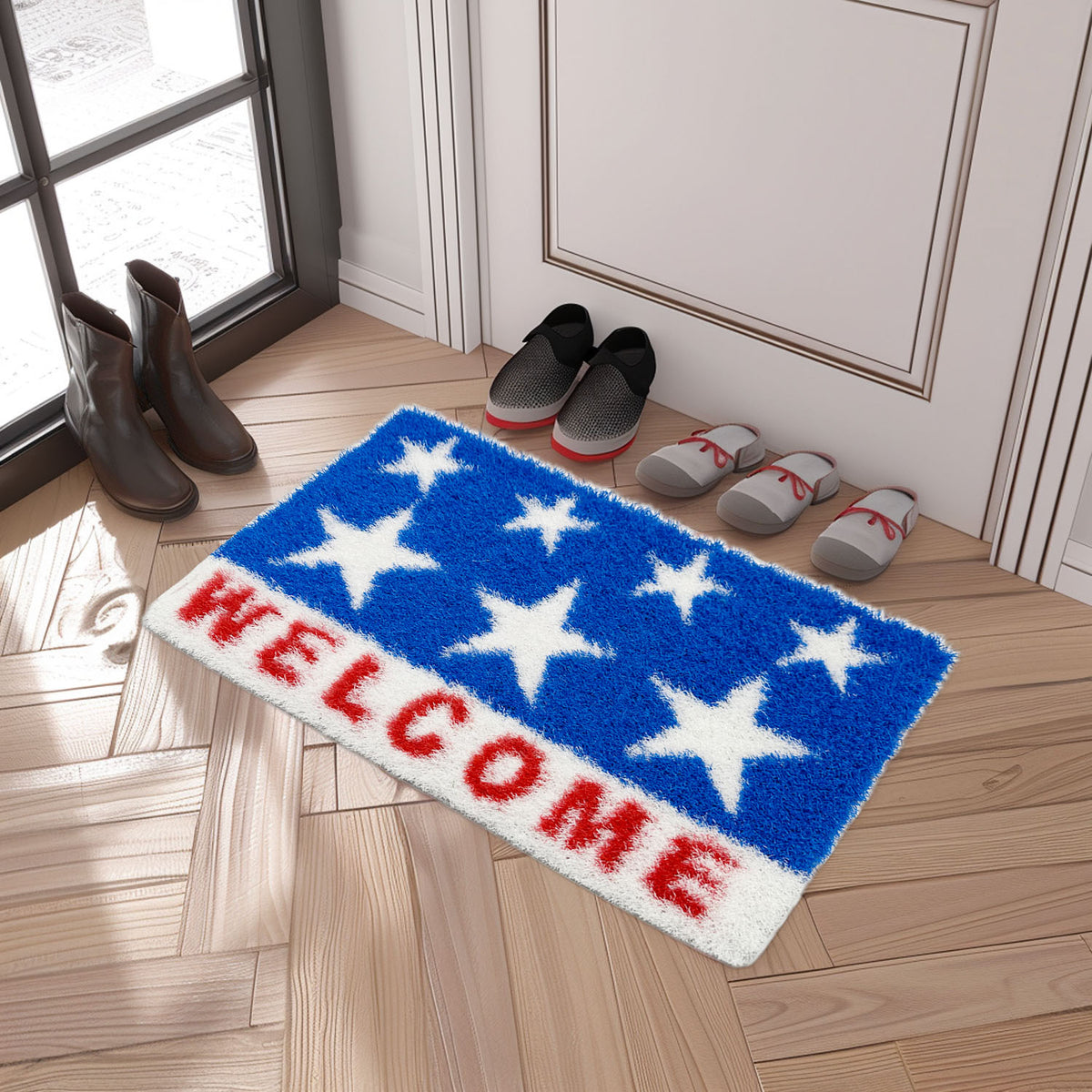 Feblilac Stars and Stripes Welcome PVC coil door mat in a bright bathroom beside the bathtub