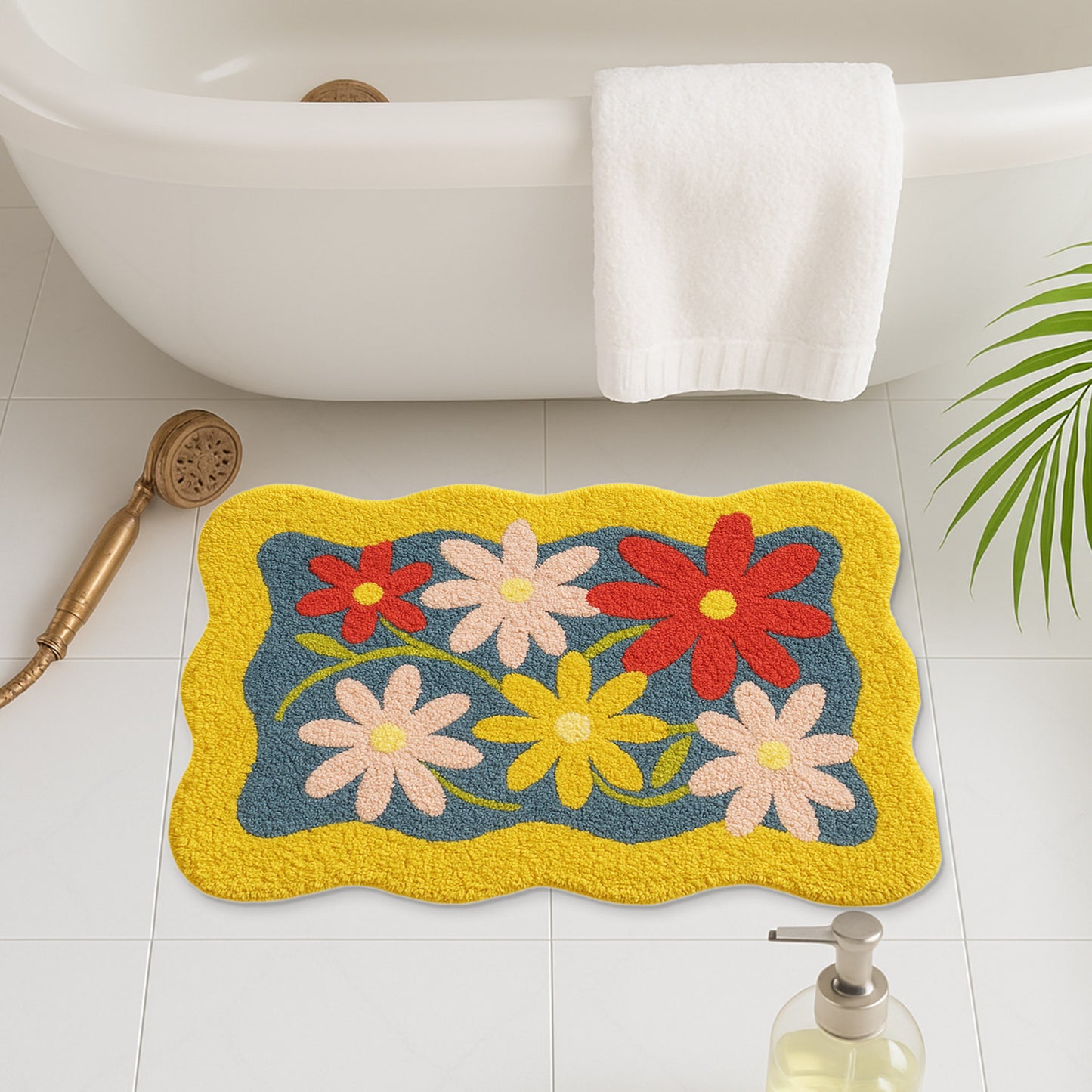 Feblilac Colorful Bloom Tufted Bath Mat – Wavy Edge Floral Design, Bright & Cheerful Bathroom Rug