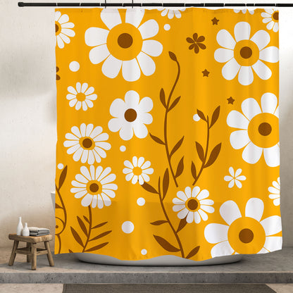 Feblilac Yellow Background White Flower Daisy Shower Curtain with Hooks