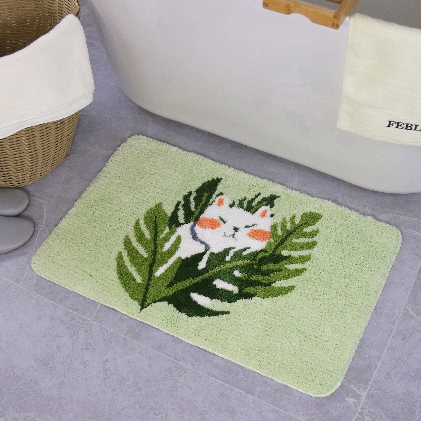 Feblilac Cute Monstera Cat Tufted Bath Mat