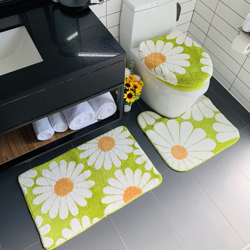 Feblilac Green Bath Mat Set, Flower Floral Bathroom Rug Set, Toilet Cover Mat