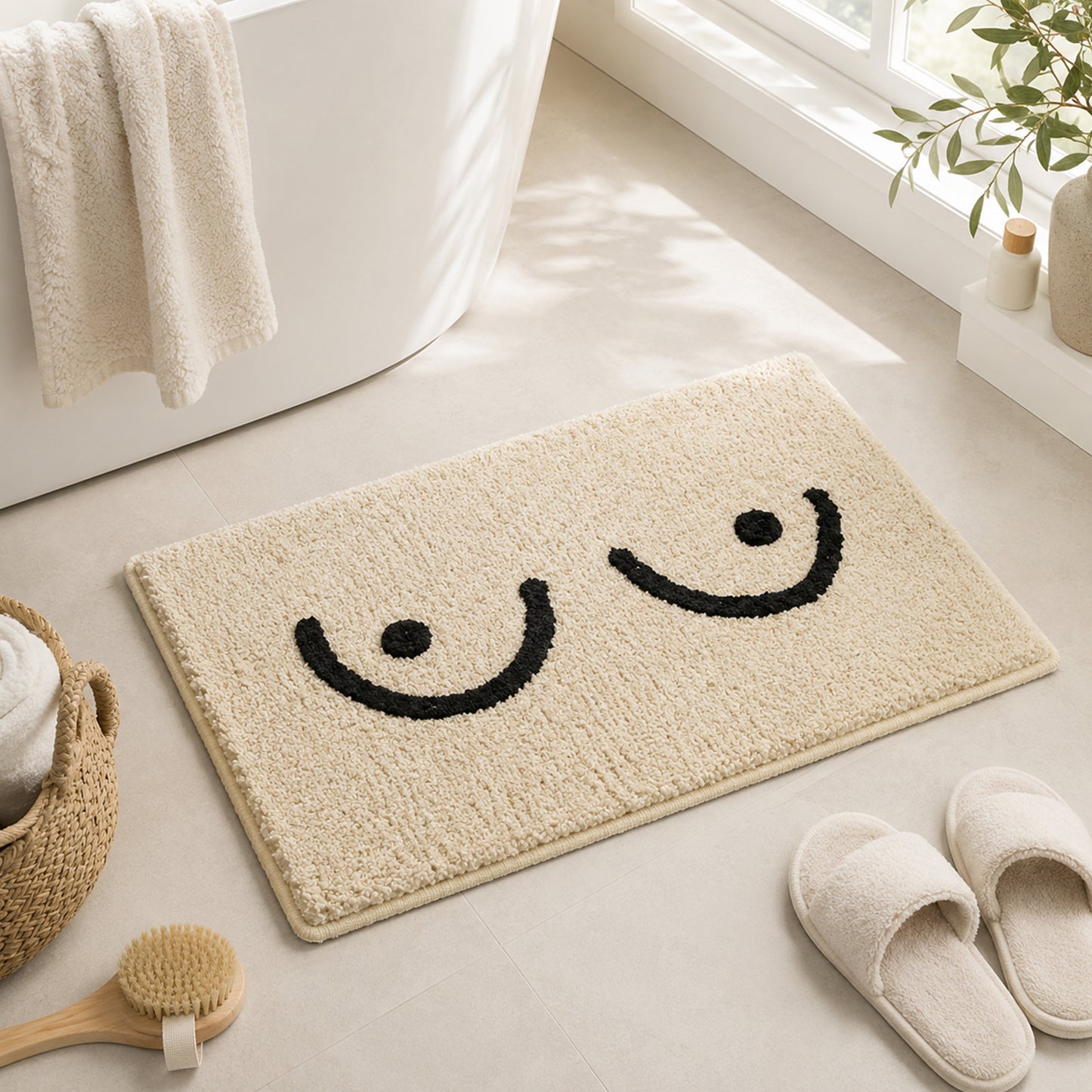 Feblilac Playful Cream Tufted Bath Mat with Raised Black Line Design