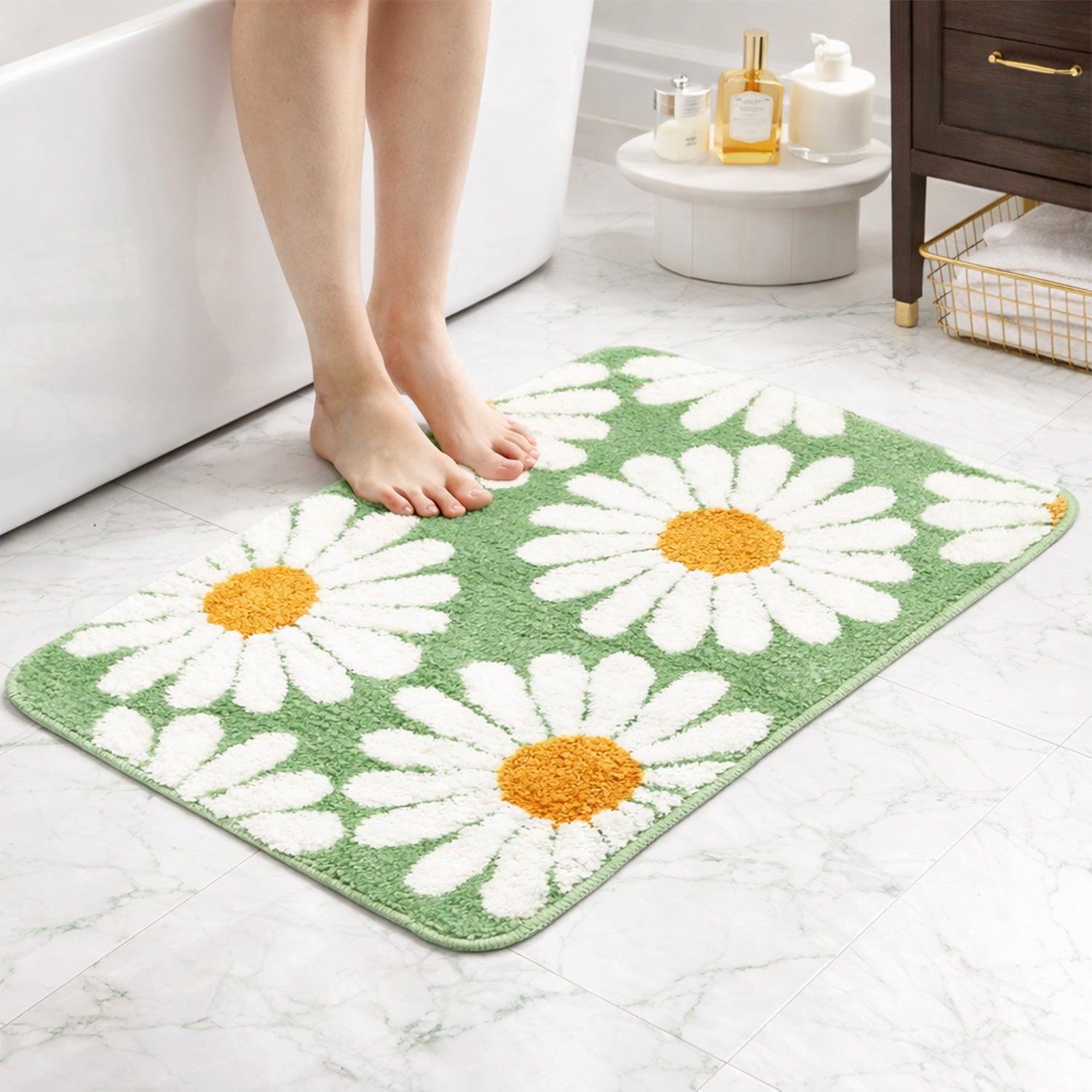 Feblilac Cute Green Daisy Bath Mat, Black/Purple/Red/Yellow/Green