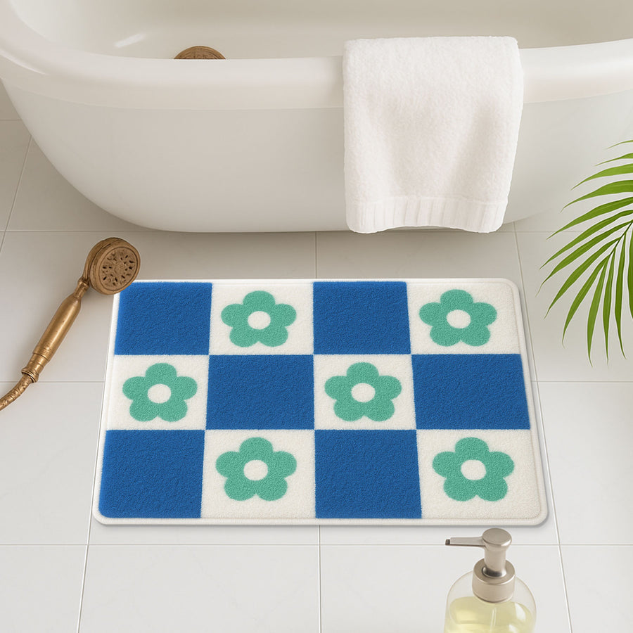 Feblilac Blue Checkerboard Flower Bath Mat – Retro Cute Bathroom Rug - view 3