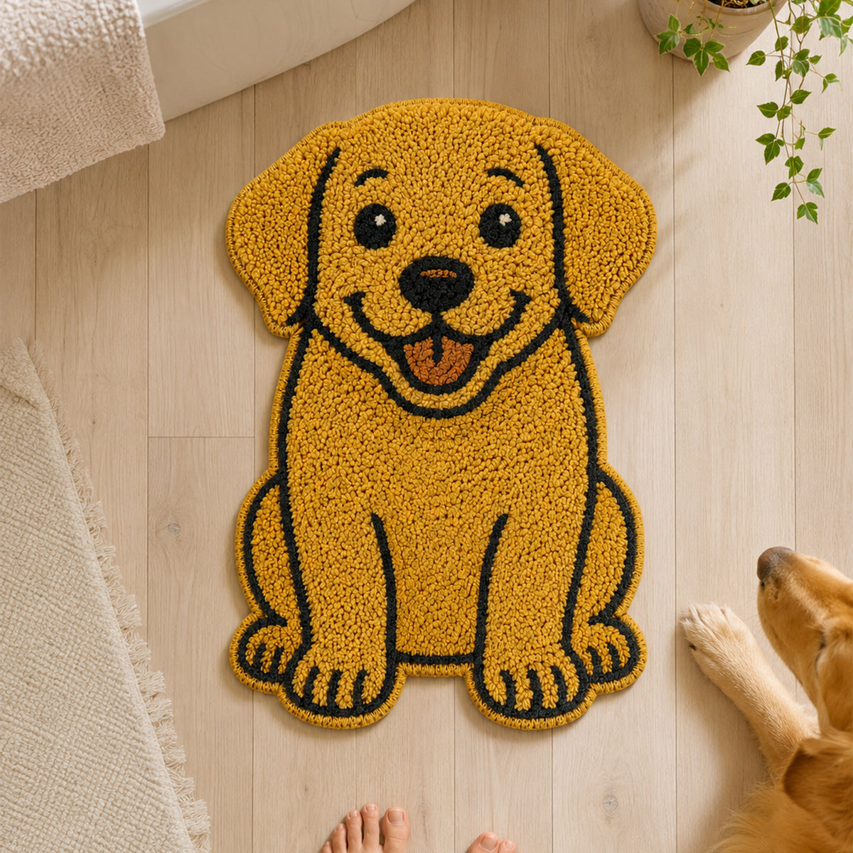 Feblilac Labrador Dog tufted bath mat in a bright bathroom beside the bathtub