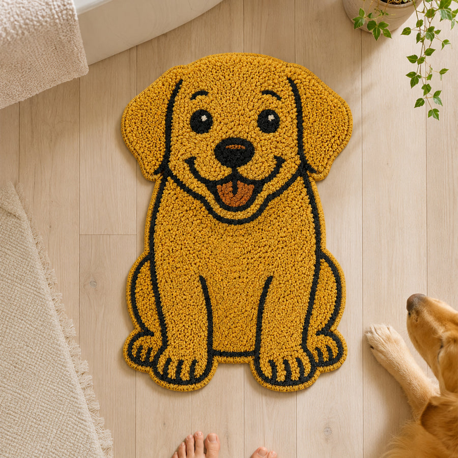 Feblilac Labrador Dog tufted bath mat in a bright bathroom beside the bathtub