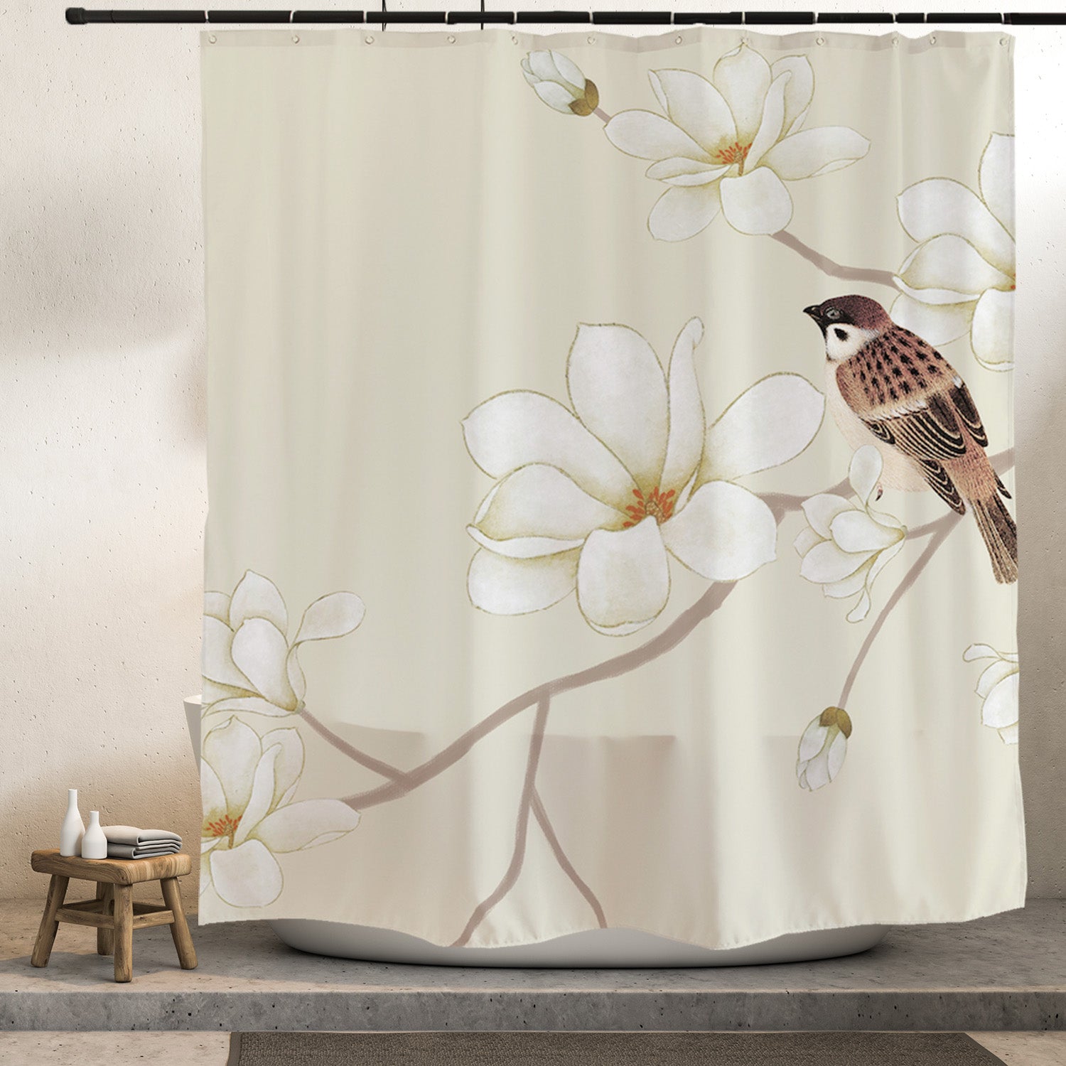 Feblilac Sparrow Magnolia Flower Shower Curtain with Hooks