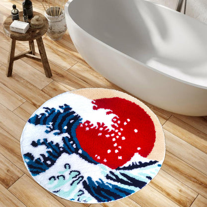 Feblilac Round Ukiyoe Waves Sunset Tufted Bath Mat