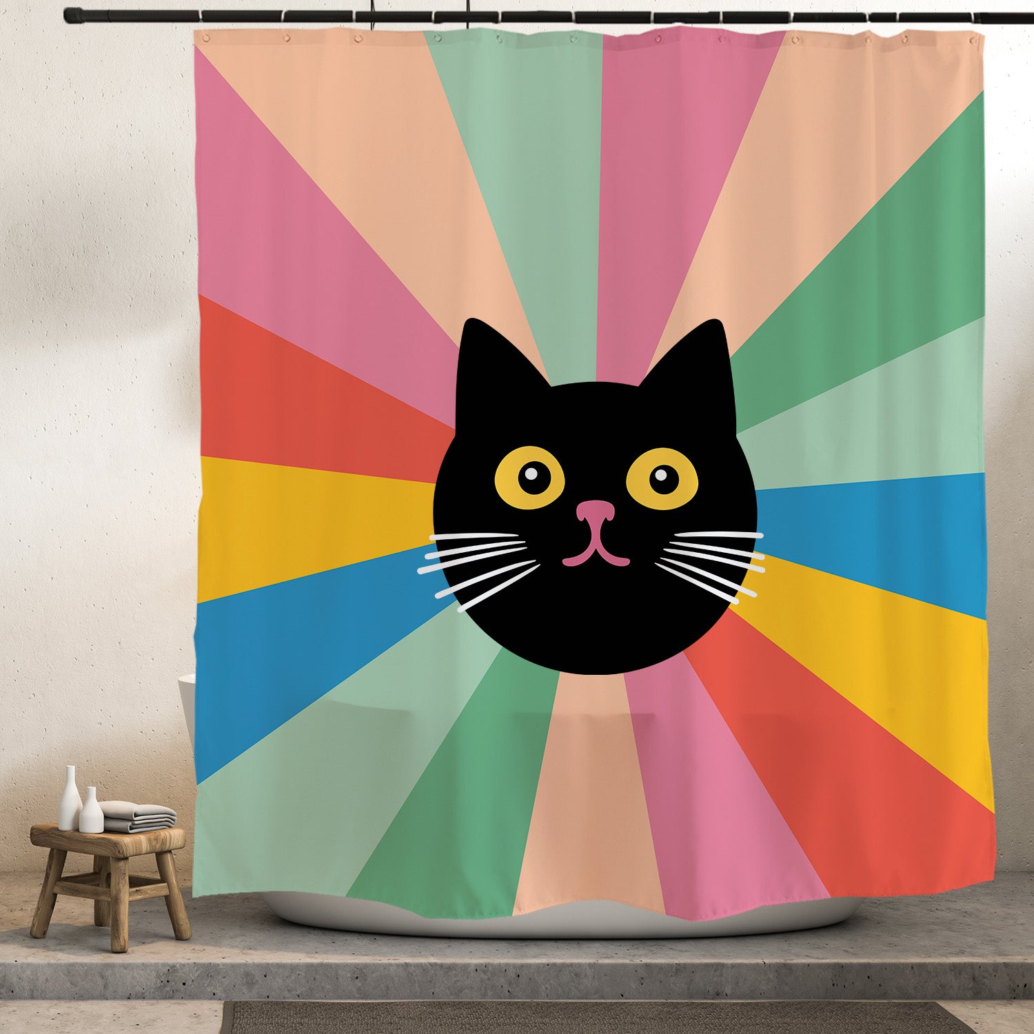 Feblilac Black Cat Colorful Stripes Background Shower Curtain with Hooks