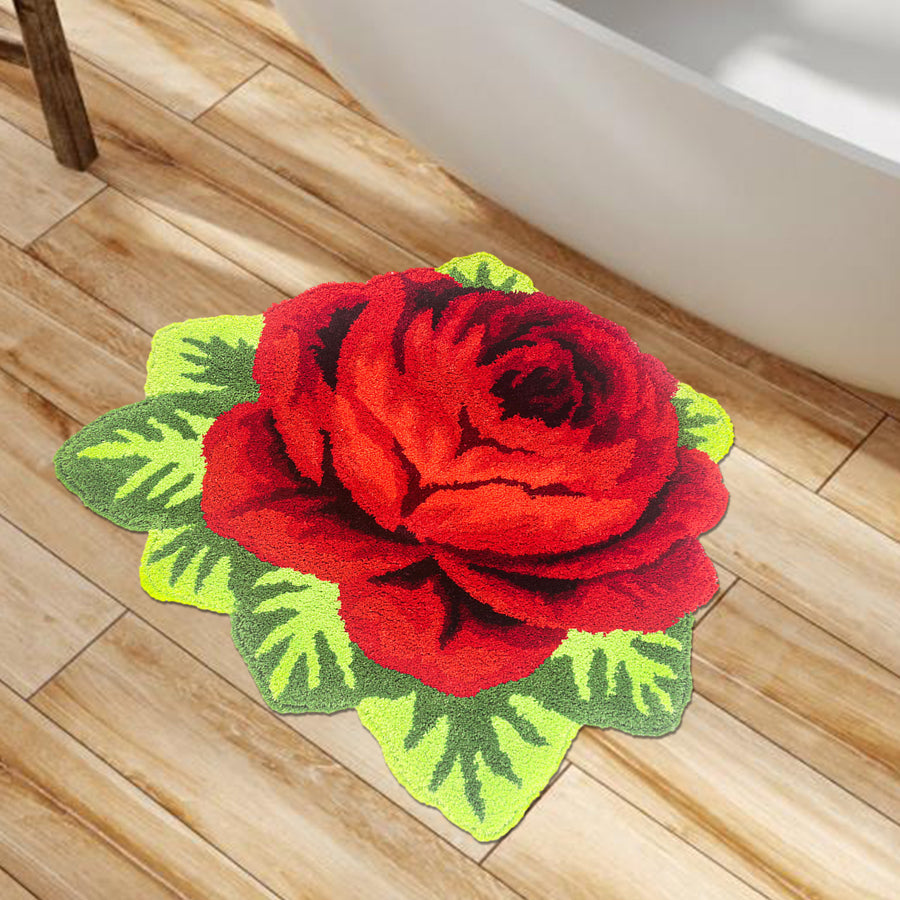 Feblilac Red Flower Tufted Bath Mat