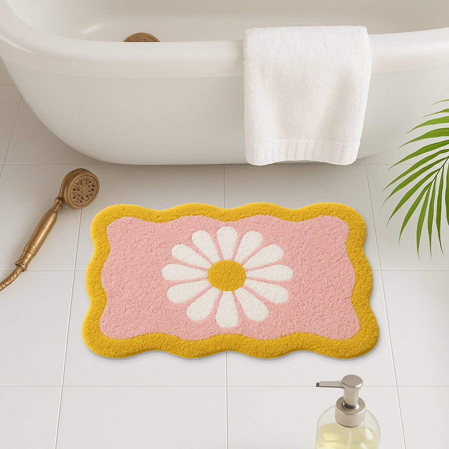 Feblilac Wavy Daisy Tufted Bath Mat – Pink & Yellow Floral Design, Cute & Soft Bathroom Rug - view 2