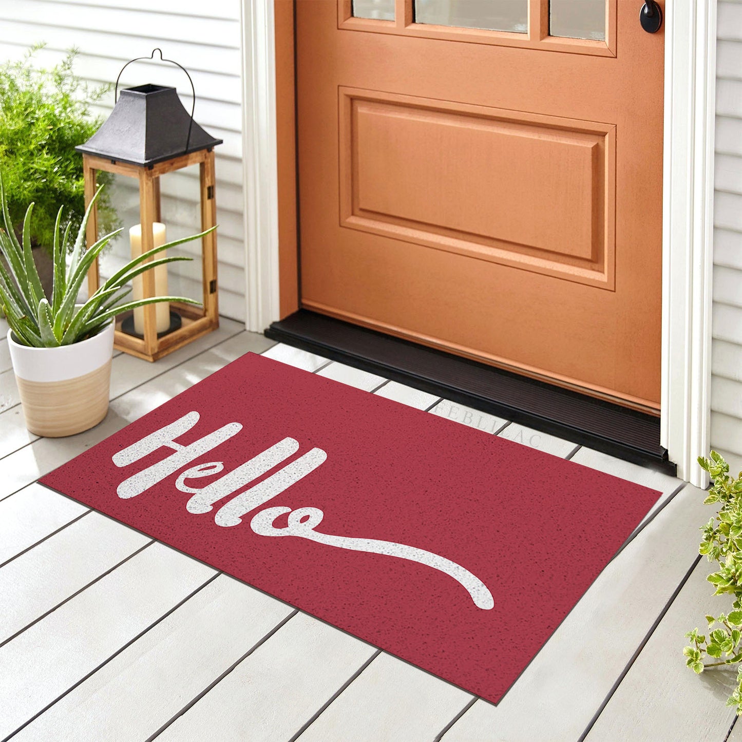 Feblilac Red Background Hello PVC Coil Door Mat