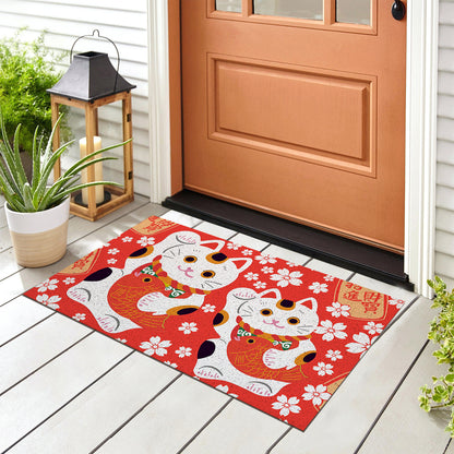 Feblilac Red Background White Sakura Lucky Cat PVC Coil Door Mat