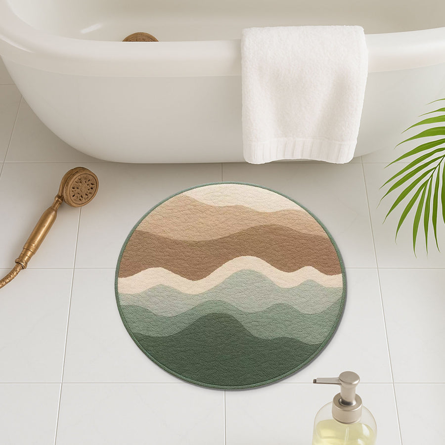 Round Earth Tone Wave Rug – Minimalist Calm Bathroom or Entry Mat | Feblilac - view 2