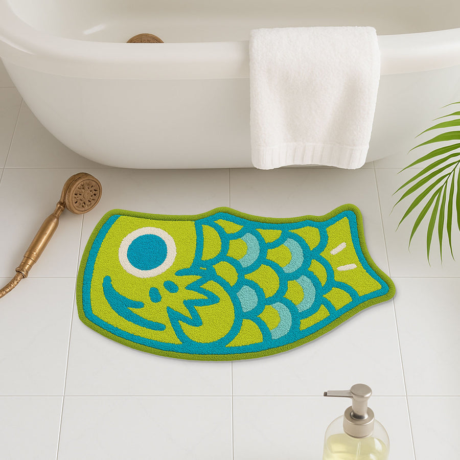Feblilac Teal Japanese Koi Tufted Bath Mat, Green Blue Bathroom Rug - view 2