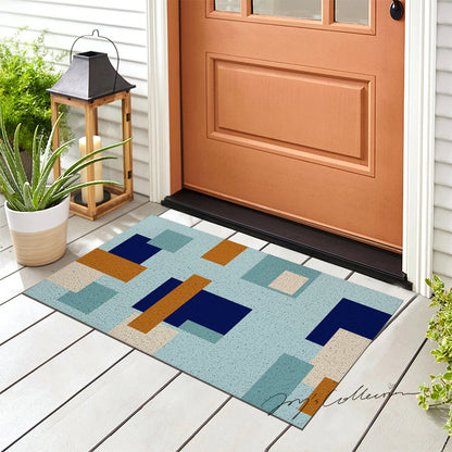 Feblilac Blue and Brown Squares Geometric PVC Coil Door Mat
