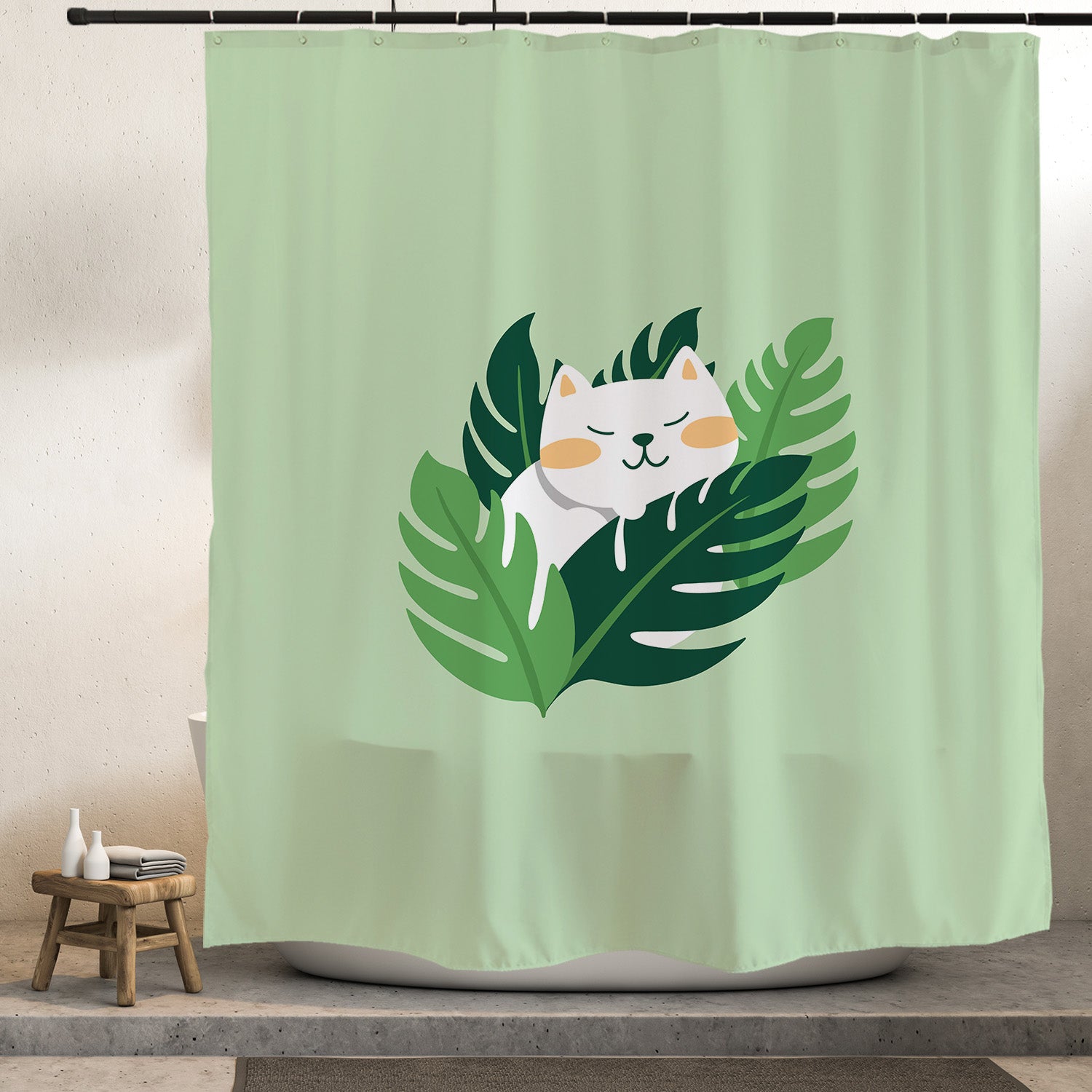 Feblilac Monstera Cat Shower Curtain with Hooks