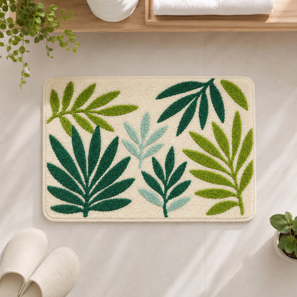 Feblilac Green Leaves Tufted Bath Mat, Soft Botanical Bathroom Rug