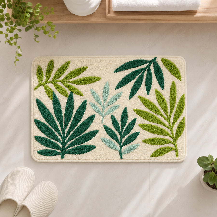 Feblilac Green Leaves Tufted Bath Mat, Soft Botanical Bathroom Rug