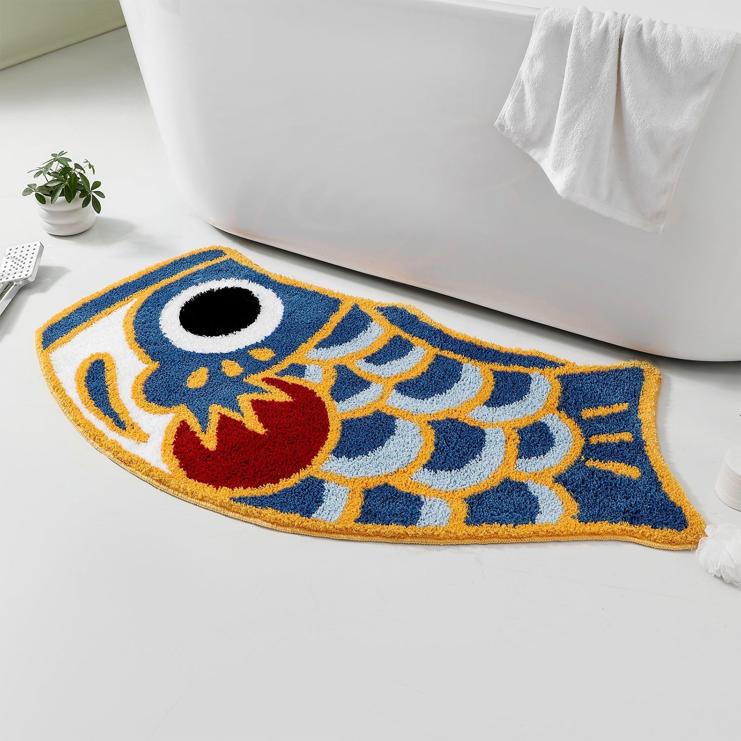 Feblilac Cute Blue Koi Fish Bath Mat, Japanese Carp Bathroom Rug