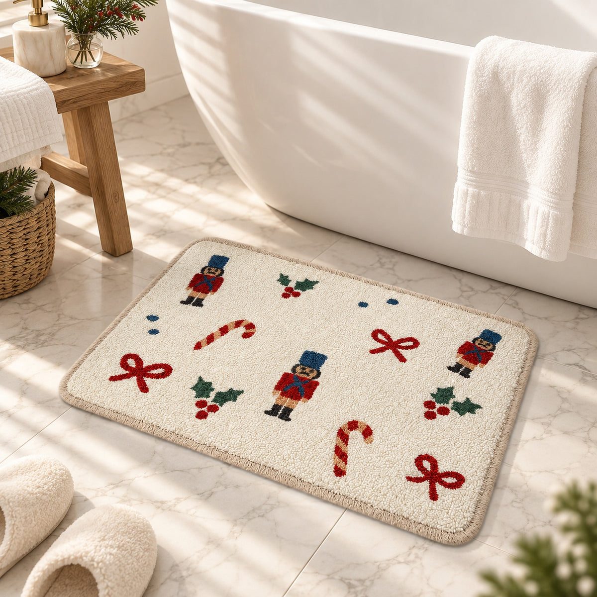 Feblilac Christmas Candy Cane tufted bath mat in a bright bathroom beside the bathtub