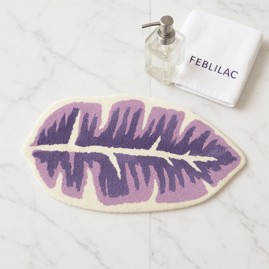 Feblilac Purple Tropical Leaf Tufted Rug – Irregular Shape Bath Mat for Boho & Nature-Inspired Decor