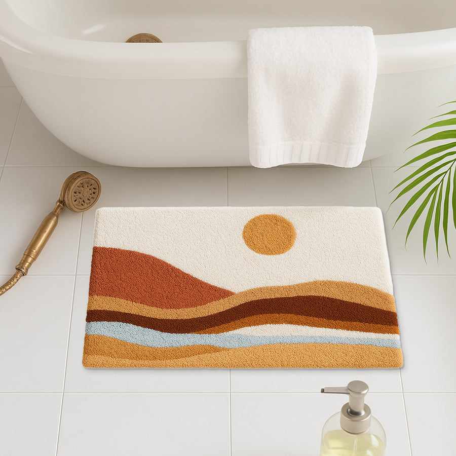 Feblilac Sunset Landscape Tufted Bath Mat – Earth Tone Hills & Sun Design, Soft & Artistic Bathroom Rug - view 2